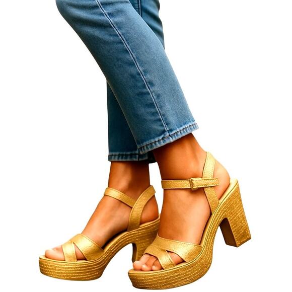 Bamboo 10 Gold Platform Women's Sandal Shoe 4 Inch High Heel Sparkel - Picture 1 of 8